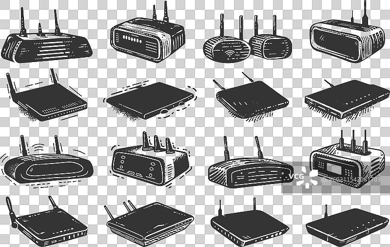 Wi-Fi路由器版画风格图标集整齐图片素材