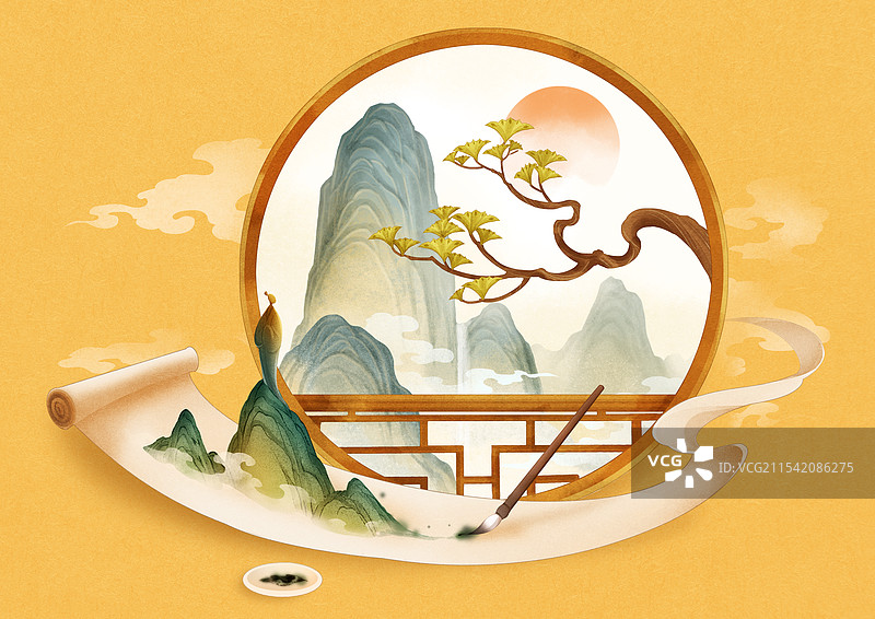 山水画卷写意插画图片素材