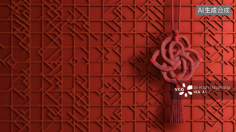 【AI数字艺术】挂在红墙上的中国结图片素材