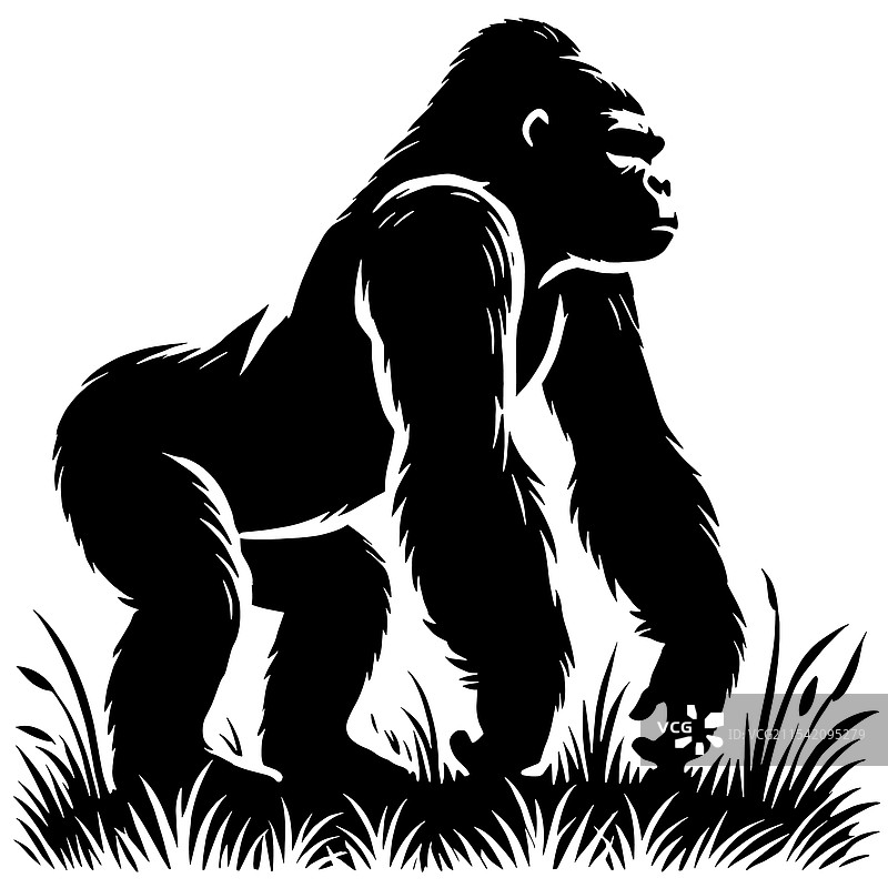 草地上站着的猩猩剪影图片素材