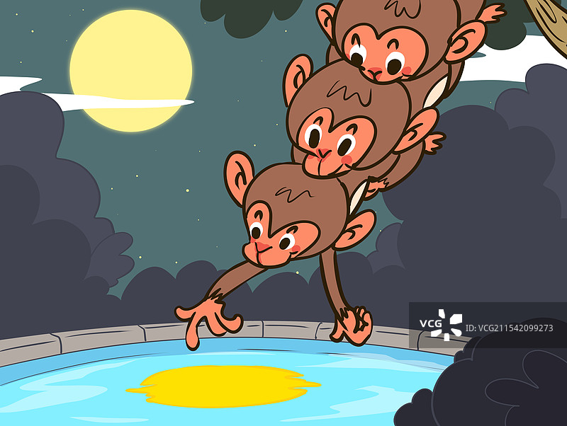 井中捞月的猴子卡通漫画寓言故事插图图片素材