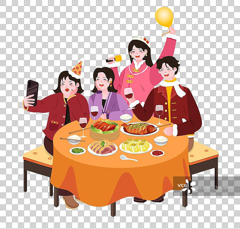 新年春节年俗大年初四正月初四跟朋友聚会聚餐举杯庆祝拜年元素插画图片素材