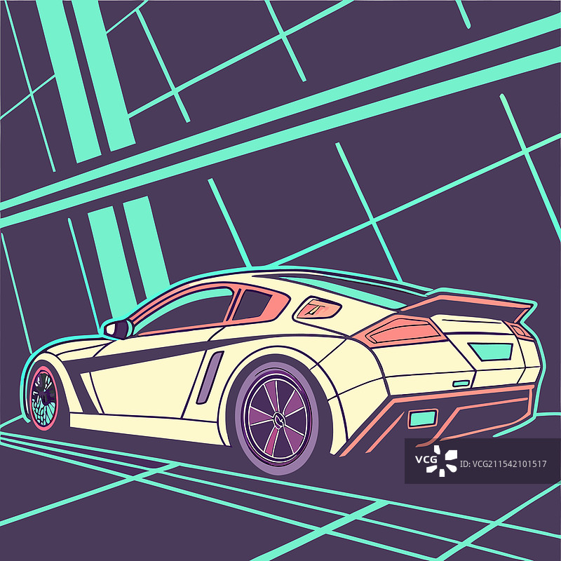 一辆运动轿车以霓虹风格展示，黑色和图片素材