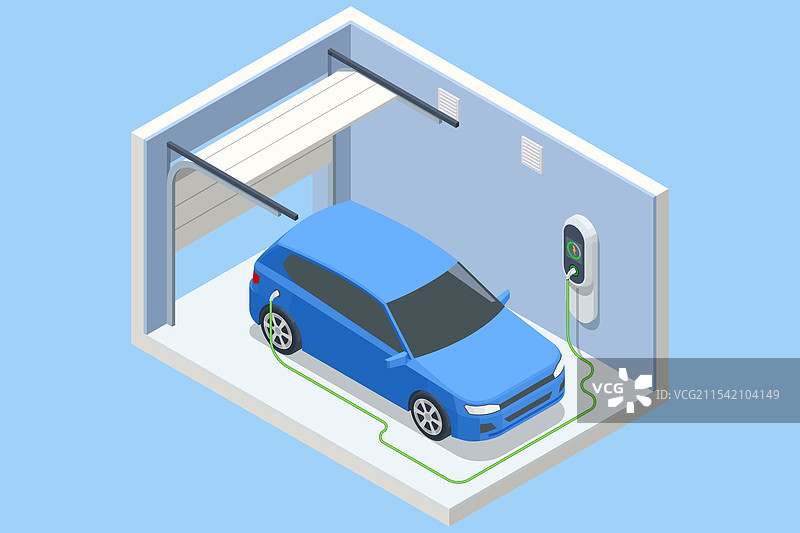 等距蓝色汽车在车库内充电图片素材