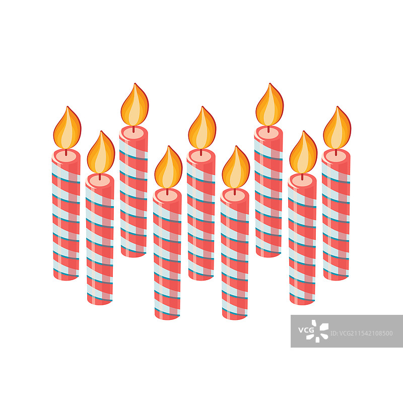 白色背景上的条纹节日蜡烛，点燃着火焰图片素材