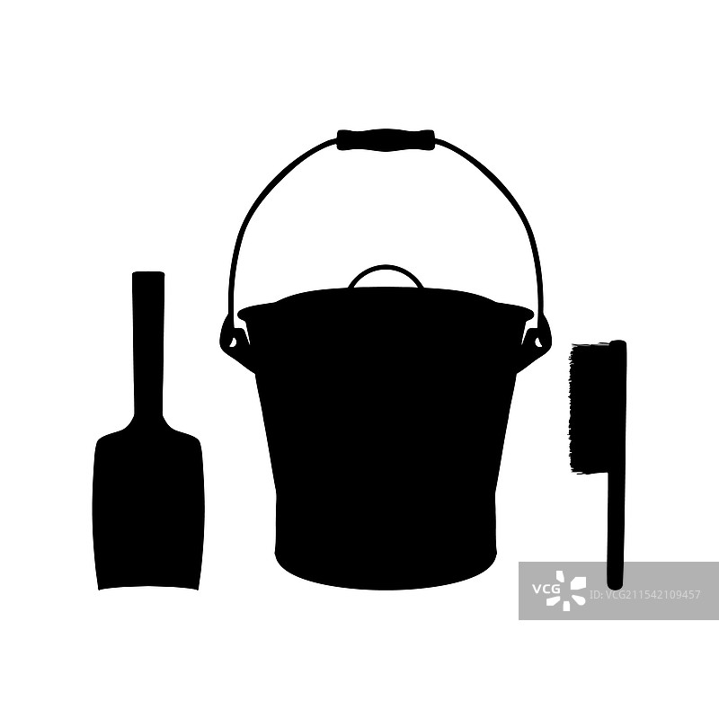 带铲子和手扫帚的灰桶剪影图片素材