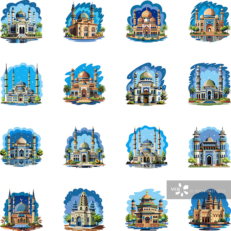一组平面设计的穆斯林清真寺图片素材