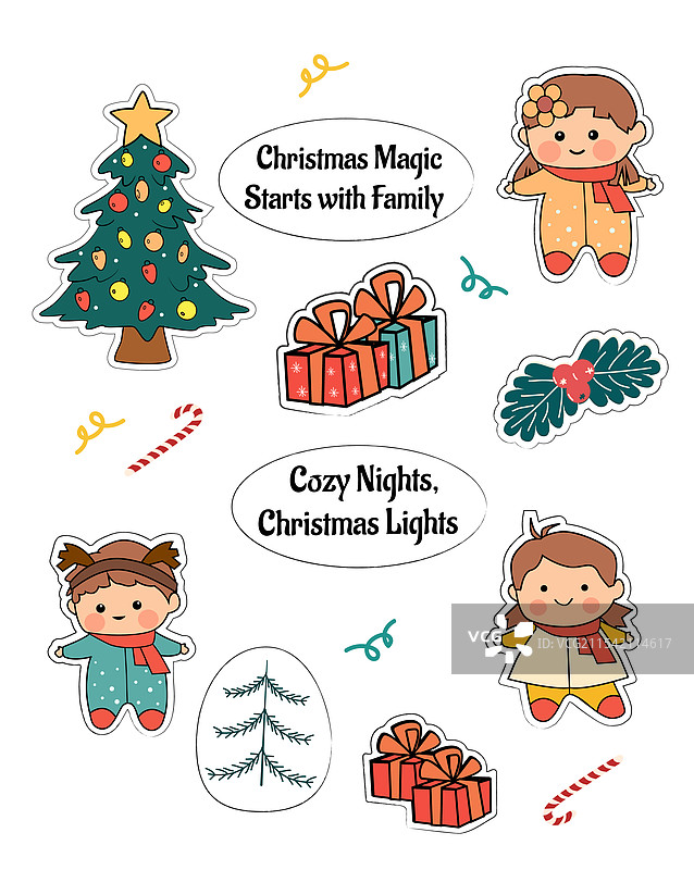 带有儿童和圣诞元素的贴纸图片素材
