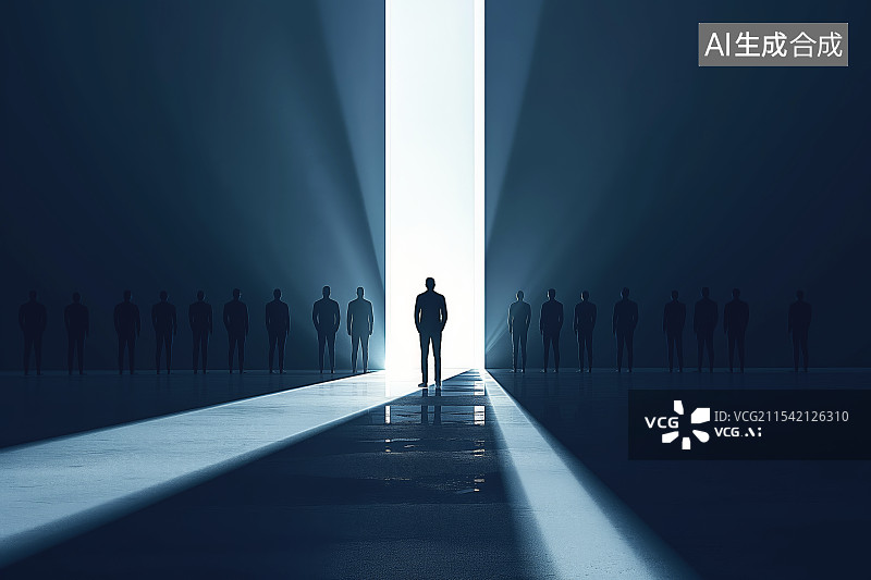 【AI数字艺术】一位精英人士站在发光的大门门口，其周围是大量的人群图片素材