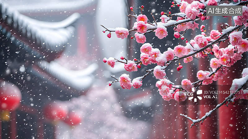 【AI数字艺术】中国风冬天雪中花朵风景图片素材