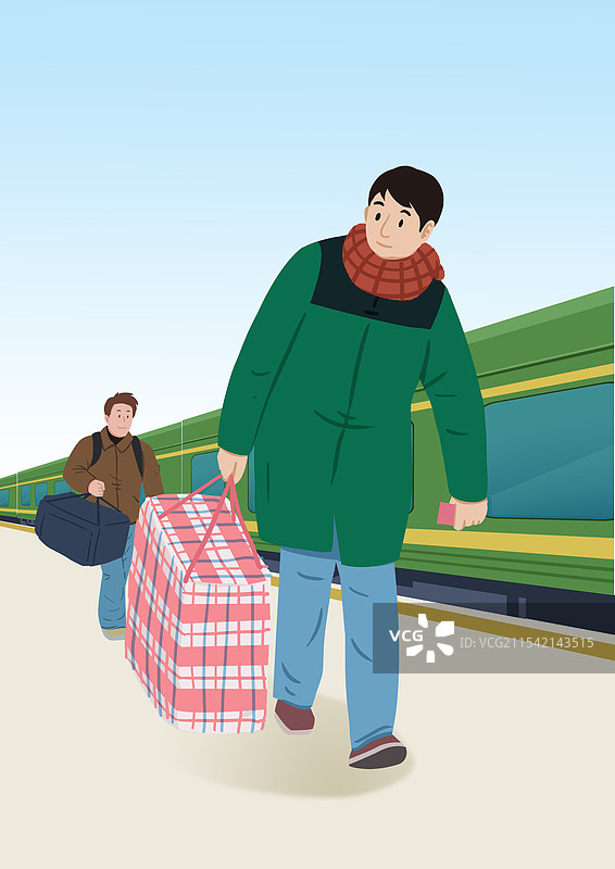 过年过节节日春节返乡回家回乡搭火车行李动车绿皮车思乡团聚家人家庭火车站资讯风景插画图片素材