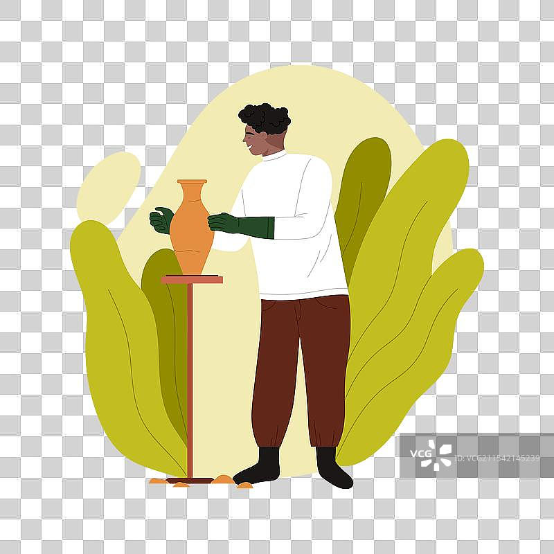 男子在制作陶土花盆，工匠雕刻陶瓷图片素材