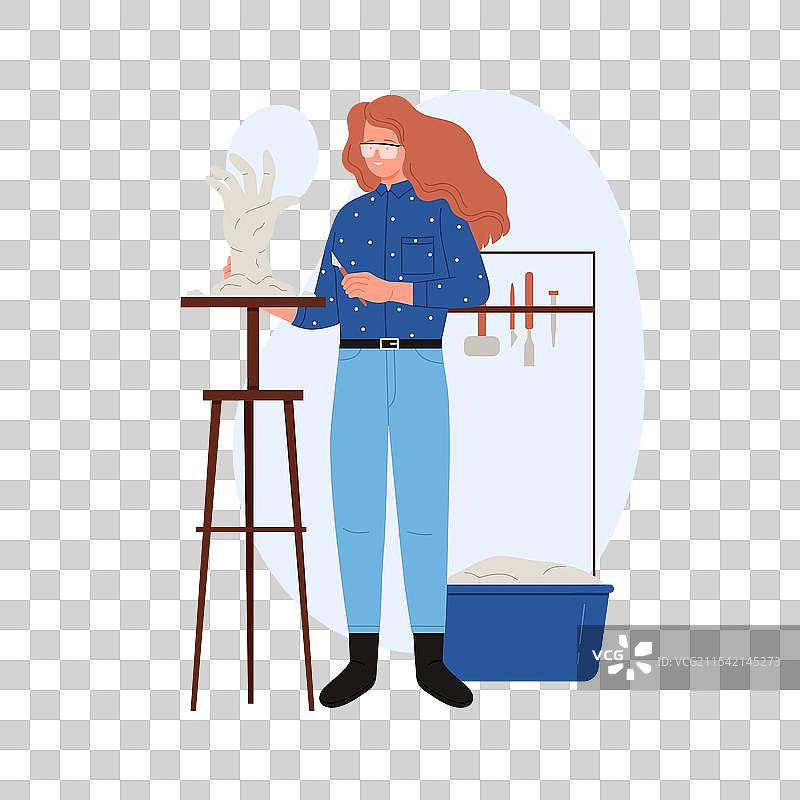 戴着安全眼镜的雕塑家站在手部雕像旁图片素材