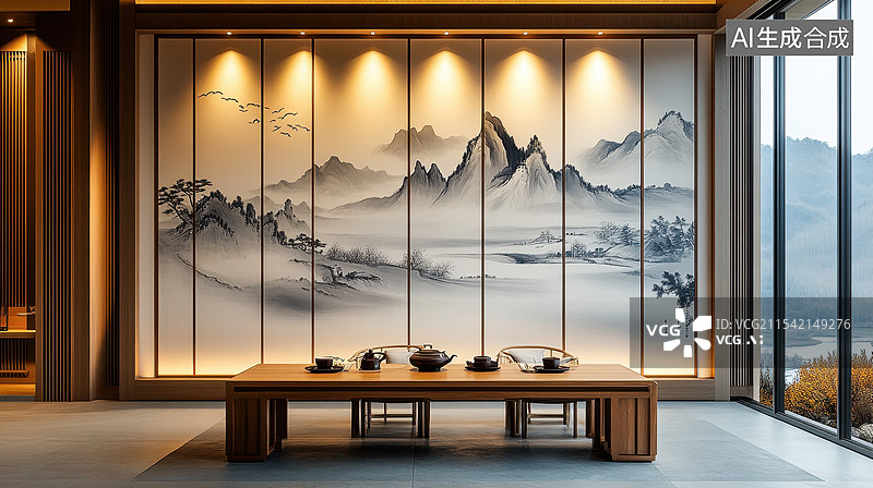 【AI数字艺术】禅意茶室静谧空间图片素材