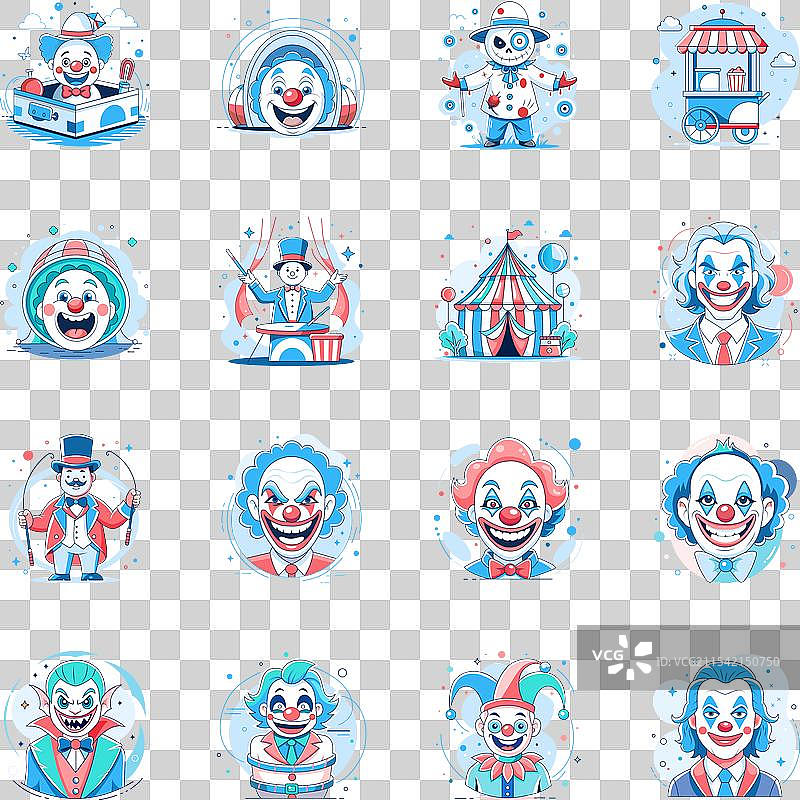有趣的小丑集合，扁平风格图片素材