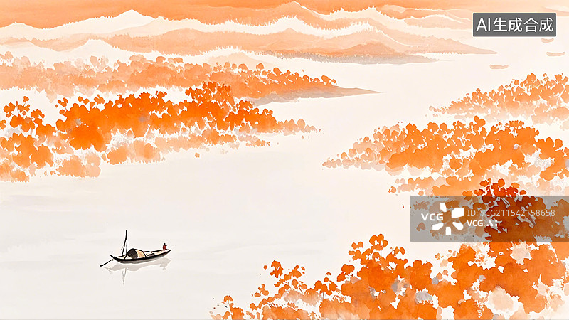 【AI数字艺术】朱砂色水墨山水画图片素材