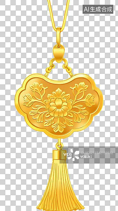 【AI数字艺术】国风手绘插画，古风黄金饰品，长命锁，如意锁，宝宝锁，流苏挂件装饰免抠元素图片素材