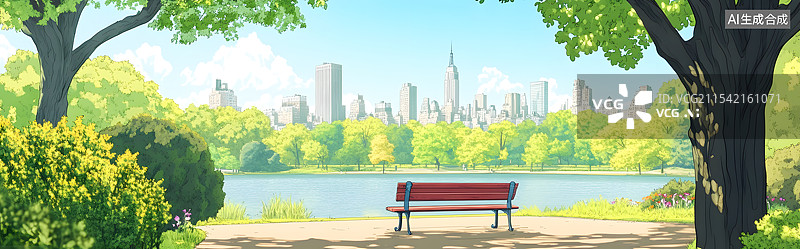【AI数字艺术】AIGC：公园里的长椅和远处的城市建筑，背景插图图片素材