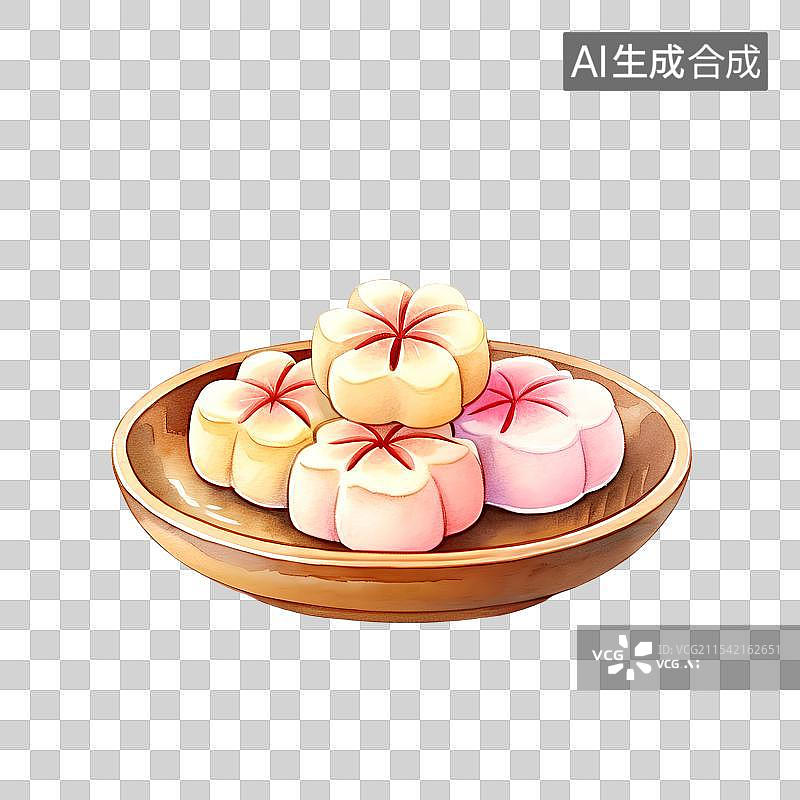【AI数字艺术】国风手绘插画，传统美食小吃糕点，桃花酥，樱花酥，鲜花饼，茶果子，中式下午茶免甜点抠元素图片素材