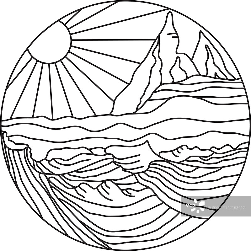 带有太阳和水的风景线条画图片素材