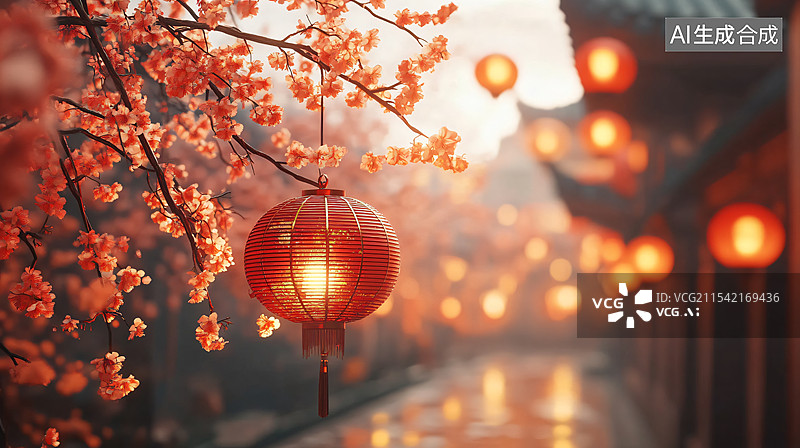 【AI数字艺术】夜间悬挂的灯笼特写图片素材