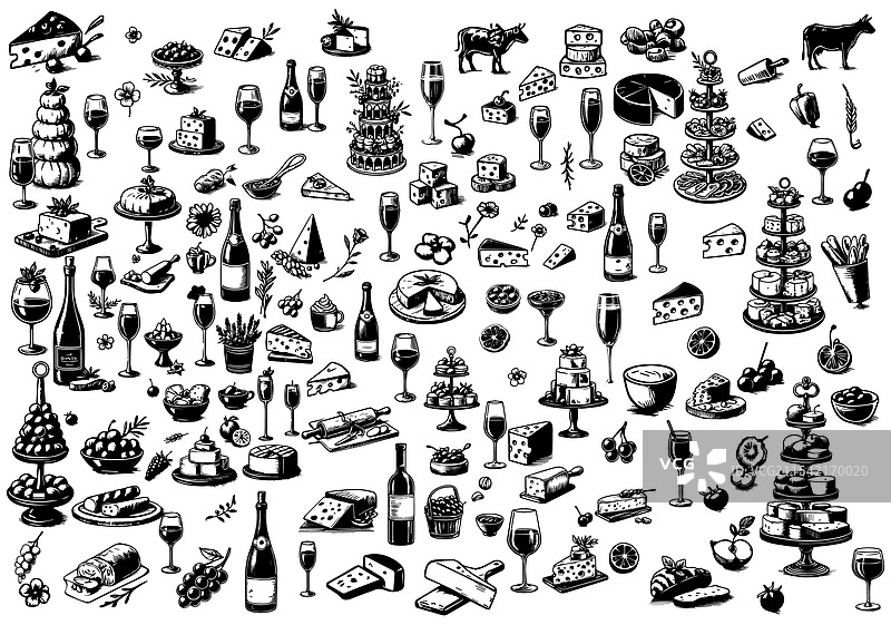 极简手绘意大利面和红酒插图图片素材