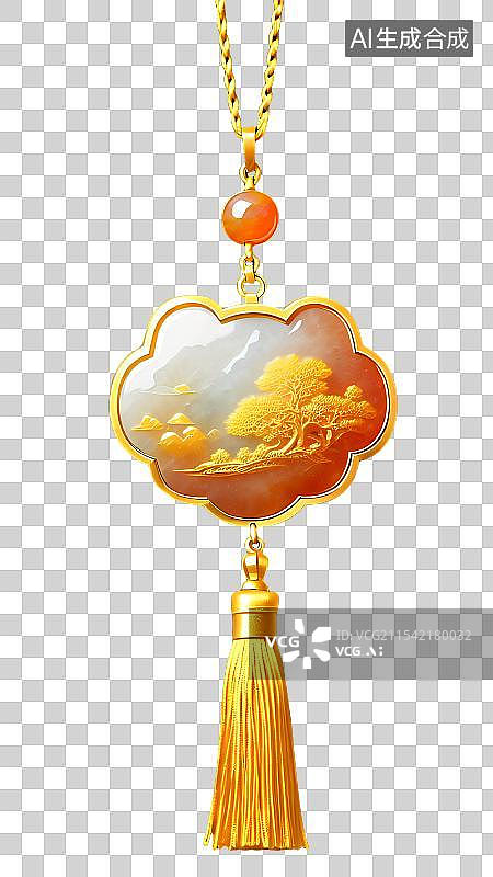 【AI数字艺术】国风手绘插画，古风黄金翡翠玉石饰品，玉佩，长命锁，如意锁，宝宝锁，金镶玉流苏挂件装饰免抠元素图片素材