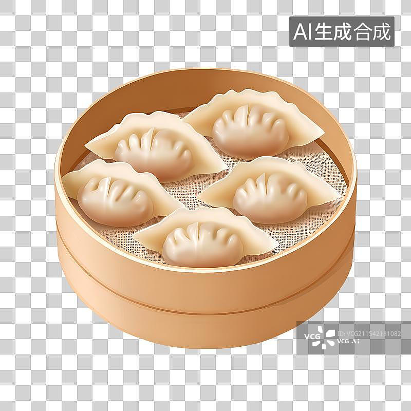 【AI数字艺术】手绘插画，广式早茶茶点虾饺皇，虾饺，蒸饺，蒸笼里的饺子，免抠元素图片素材