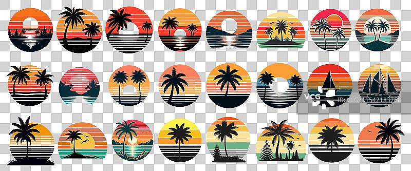 一组80年代和90年代风格的复古日落抽象图像图片素材