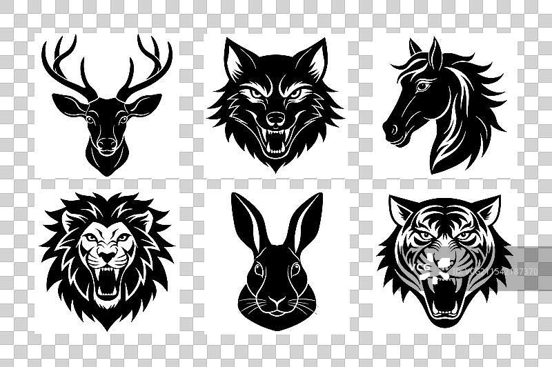 老虎、狮子、鹿、兔子、狼、马、动物头部图片素材