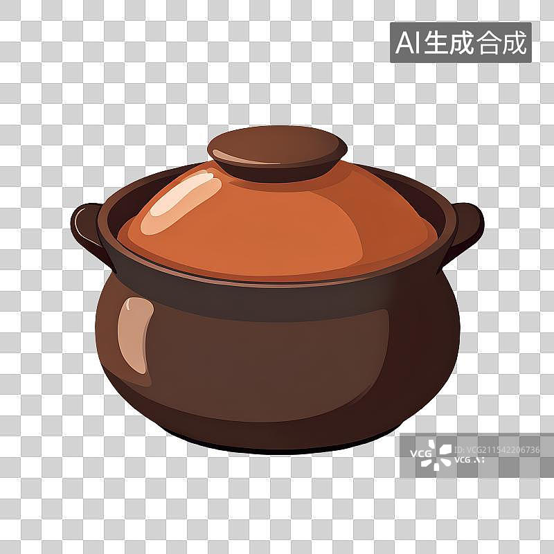 【AI数字艺术】手绘插画，一个瓦煲，砂锅煲汤，厨具烹饪免抠元素图片素材
