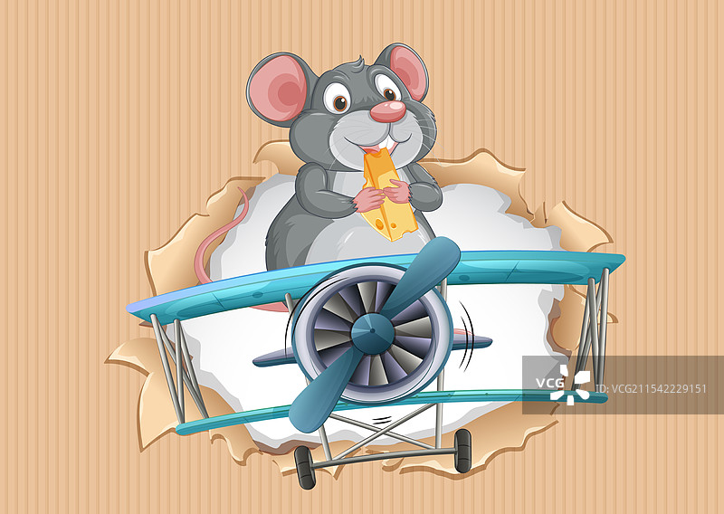 一只老鼠在一架复古飞机后面拿着奶酪图片素材