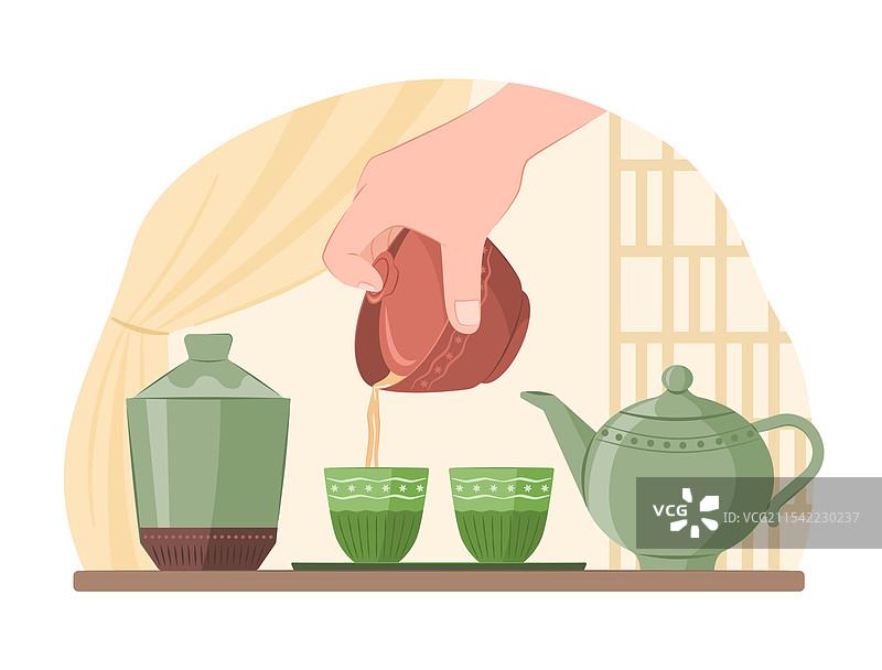 手将热茶倒入中国陶瓷茶杯中图片素材