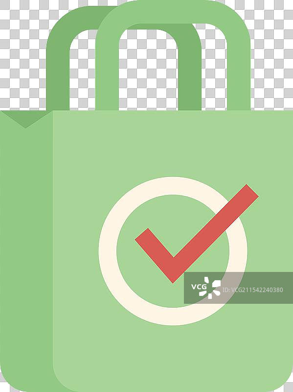 绿色购物袋上显示批准的勾选标记图片素材