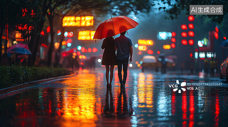 【AI数字艺术】雨夜伞下的情侣剪影图片素材