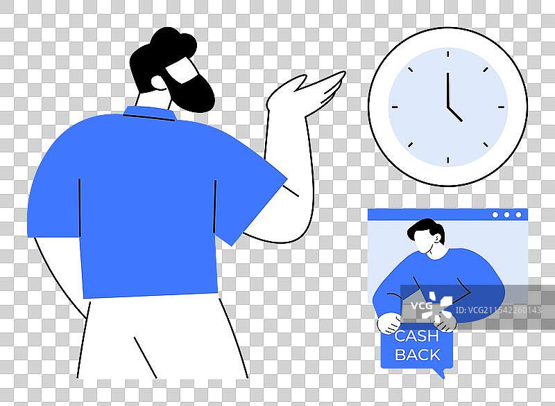 男子指着时钟并拿着现金。图片素材