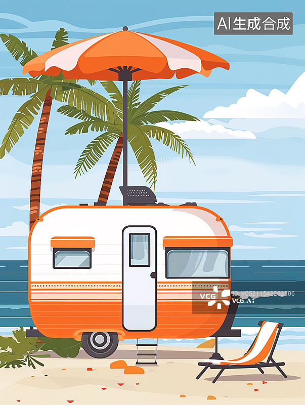【AI数字艺术】清新扁平风海边的遮阳伞躺椅和露营拖车插画图片素材