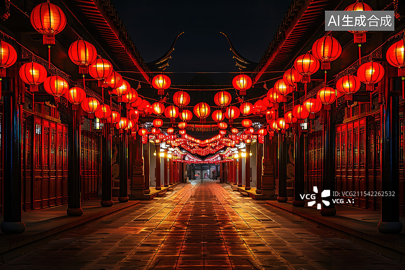 【AI数字艺术】春节期间挂满红色灯笼的中国古代建筑弄堂图片素材