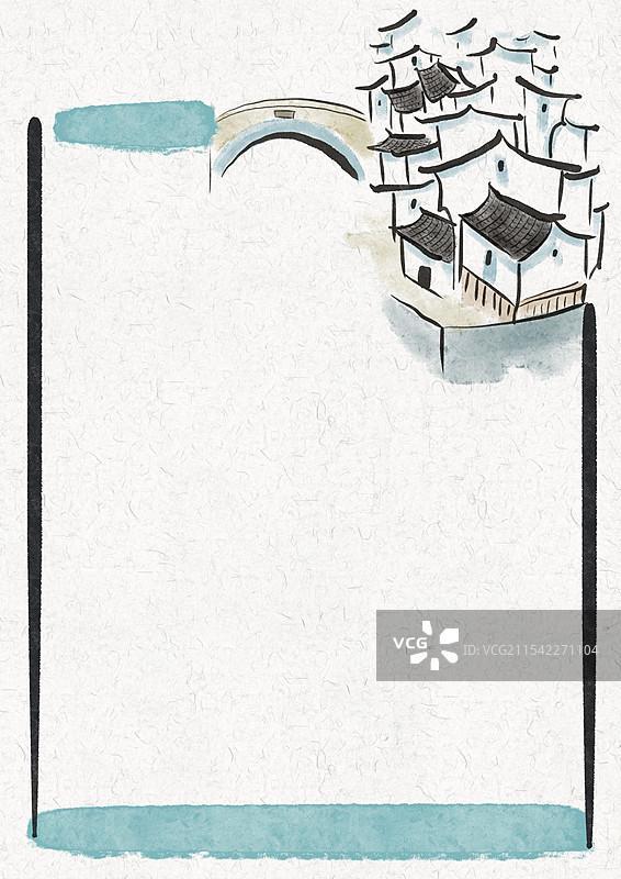 国潮风水墨建筑插画边框图片素材