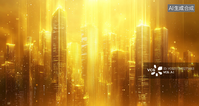【AI数字艺术】一幅未来主义的城市景观，前景是波浪形的金色地面，背景则是高耸入云的现代化高楼大厦。图片素材