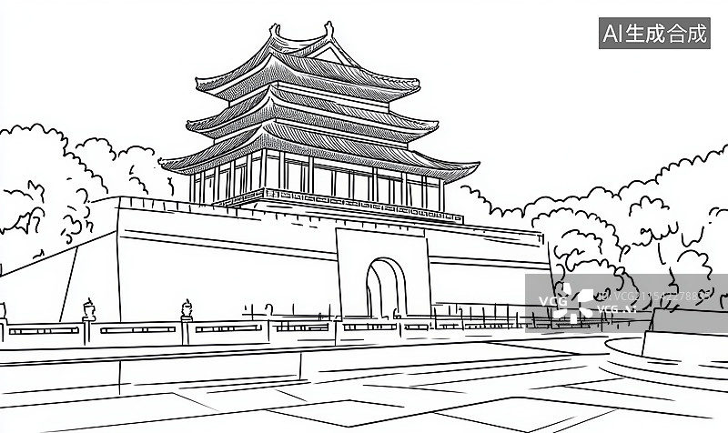 【AI数字艺术】一幅艺术化的传统中国建筑插画。画面中央是一座宏伟的城门，具有典型的中国古代建筑风格，包括红色的城墙和图片素材