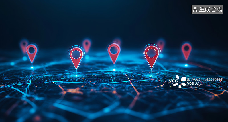 【AI数字艺术】一个高科技的数字地图界面，背景是深蓝色的，上面有多个发光的红色定位图标。每个图标都带有同心圆图案图片素材