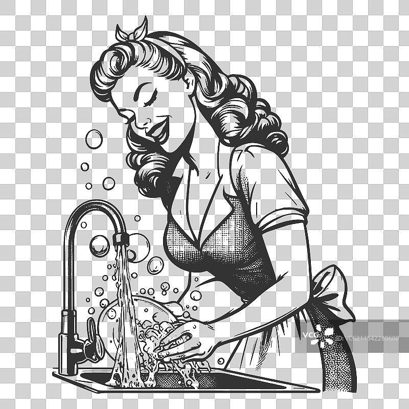 复古家庭主妇洗碗的素描图片素材