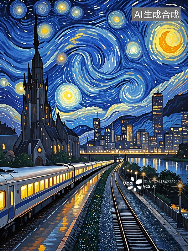 【AI数字艺术】梵高的星空下梦幻火车与城市图片素材