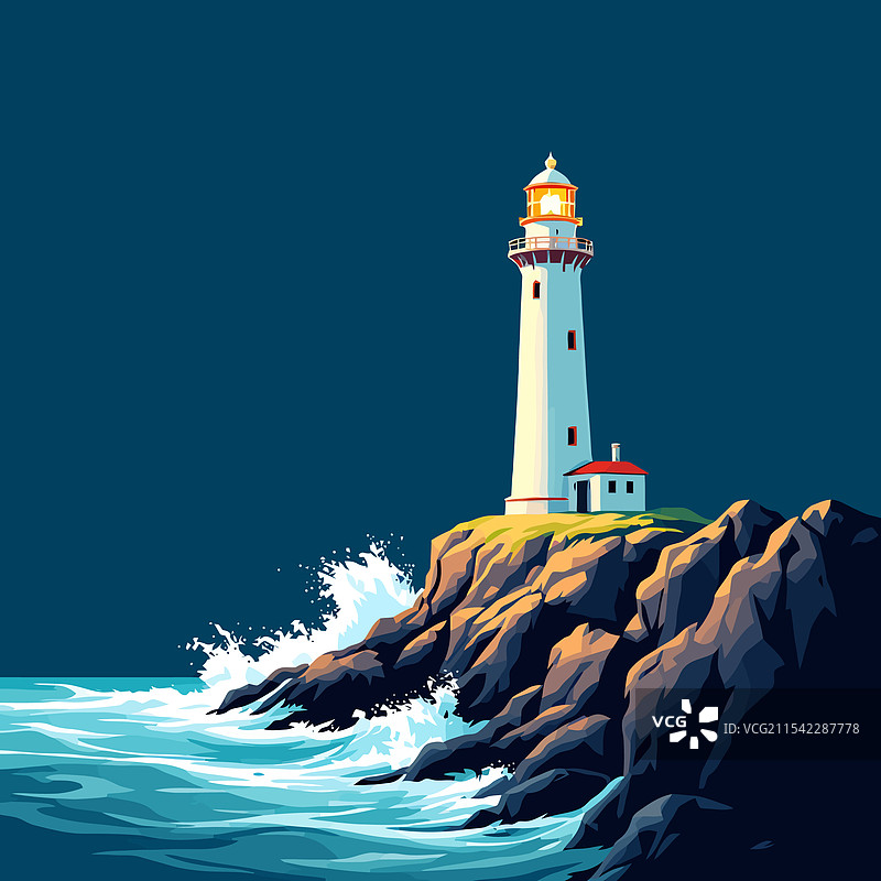 岩石海岸上的灯塔与波浪图片素材