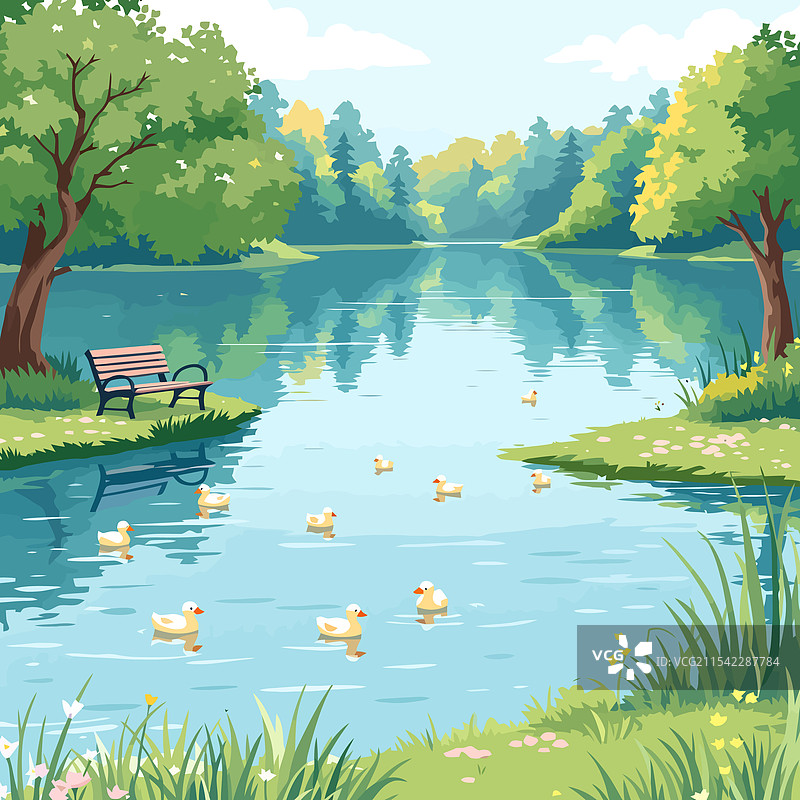 a park with a lake and a bench图片素材