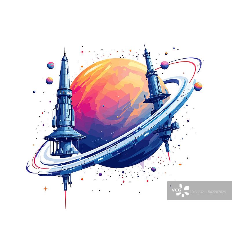 一艘宇宙飞船与土星在一起图片素材