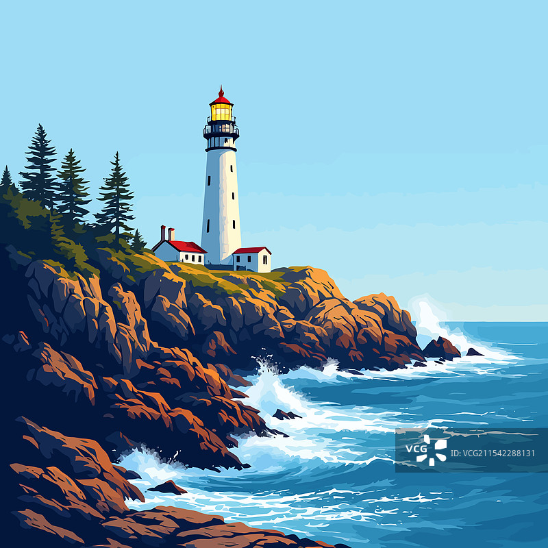 岩石海岸上的灯塔与蓝天图片素材