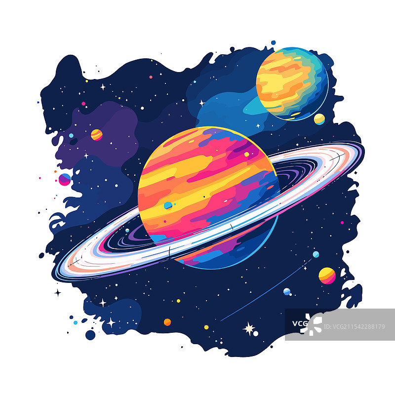 一个色彩斑斓的土星与行星和星星图片素材