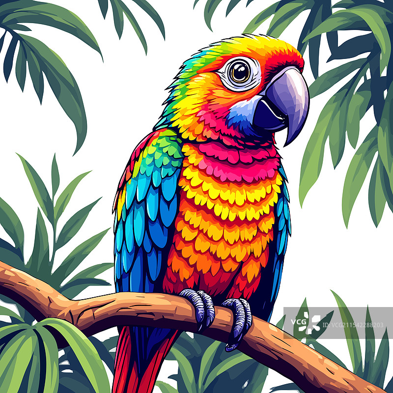 一只色彩斑斓的鹦鹉栖息在树枝上图片素材